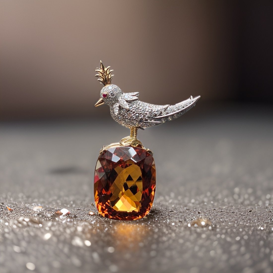 Tiffany Co Schlumberger Bird on the Rock brooch, pre-owend: Title: Tiffany Co Schlumberger Bird on the Rock brooch, pre-owend Description: Tiffany by Schlumberger Bird on the Rock, Citrine over 60 carat, diamonds 2.99 ct, gold and platinum, .01 carat ruby Mate
