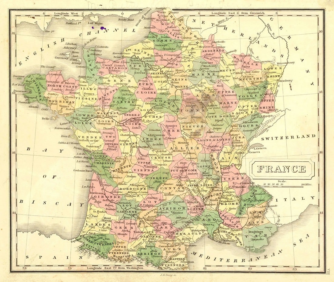 France: Publication Date: 1828 Title: France Cartographer: MALTE-BRUN, CONRAD/J. H. YOUNG, sc. Publisher: JOHN GRIGG Height: 8.25 Width: 9.75 From Malte-Brun's "A new General atlas, exhibiting the five great 