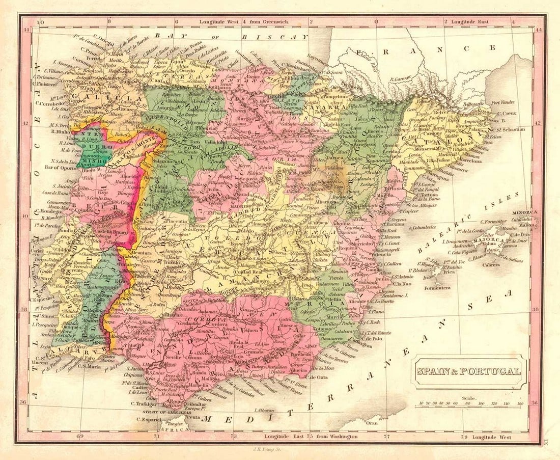Spain & Portugal: Publication Date: 1828 Title: Spain & Portugal Cartographer: MALTE-BRUN, CONRAD/J. H. YOUNG, sc. Publisher: JOHN GRIGG Height: 8.1 Width: 9.8 From Malte-Brun's "A new General atlas, exhibiting the fiv