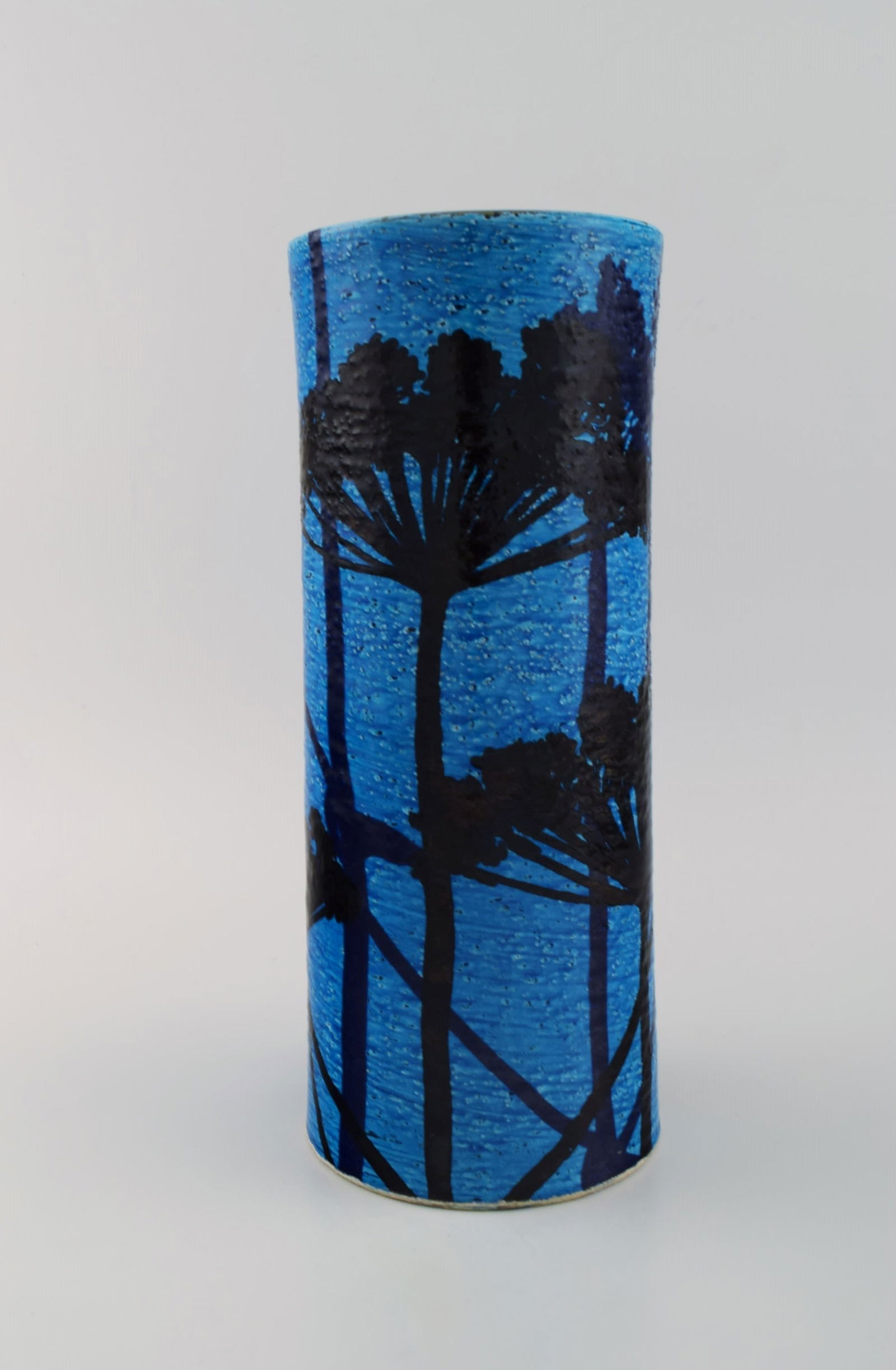 European studio ceramicist. Large vase in azure blue glazed stoneware with hand-painted flowers. (1 of 7)