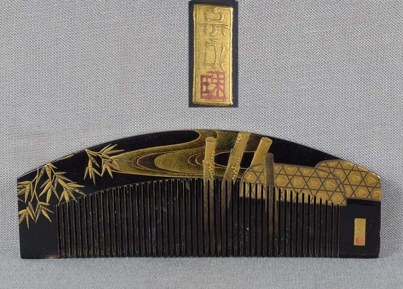 19c Japanese lacquer KUSHI hair COMB RIVER BANK bamboo by KOTO (1 of 6)