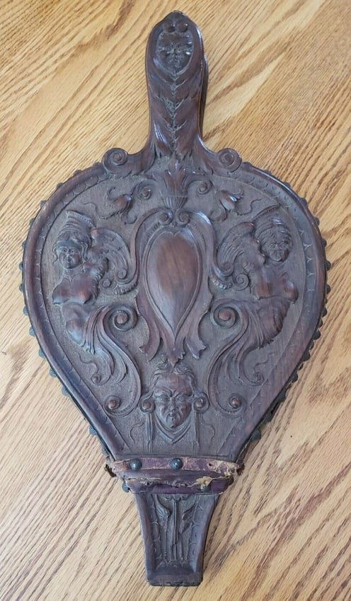 Exquisite antique Walnut ornate wooden Wood Coal Bellows Griffin Northwind: Fantastic carvings on this piece. Date to 1860-1900. Missing brass nipple. Measure Approximately 9 x 19" . Shipping costs include insurance. Shipping: Domestic: Flat-rate of $25.00 to anywhere within