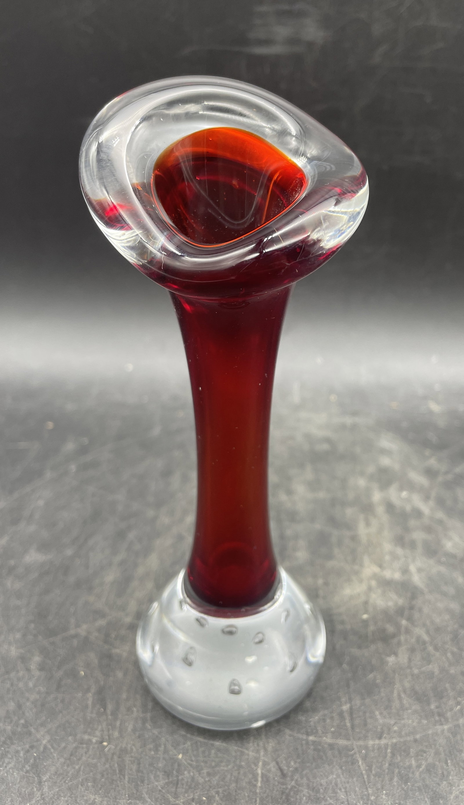 Mid-Century Art Glass Red and Clear Jack in the Pulpit Glass Vase Bullicante: Title: Mid-Century Art Glass Red and Clear Jack in the Pulpit Glass Vase Bullicante Date/Period: unknown Dimension: approx 6 x 2 x 2 Material: glass Additional Information: Mid-Century Art Glass Red a