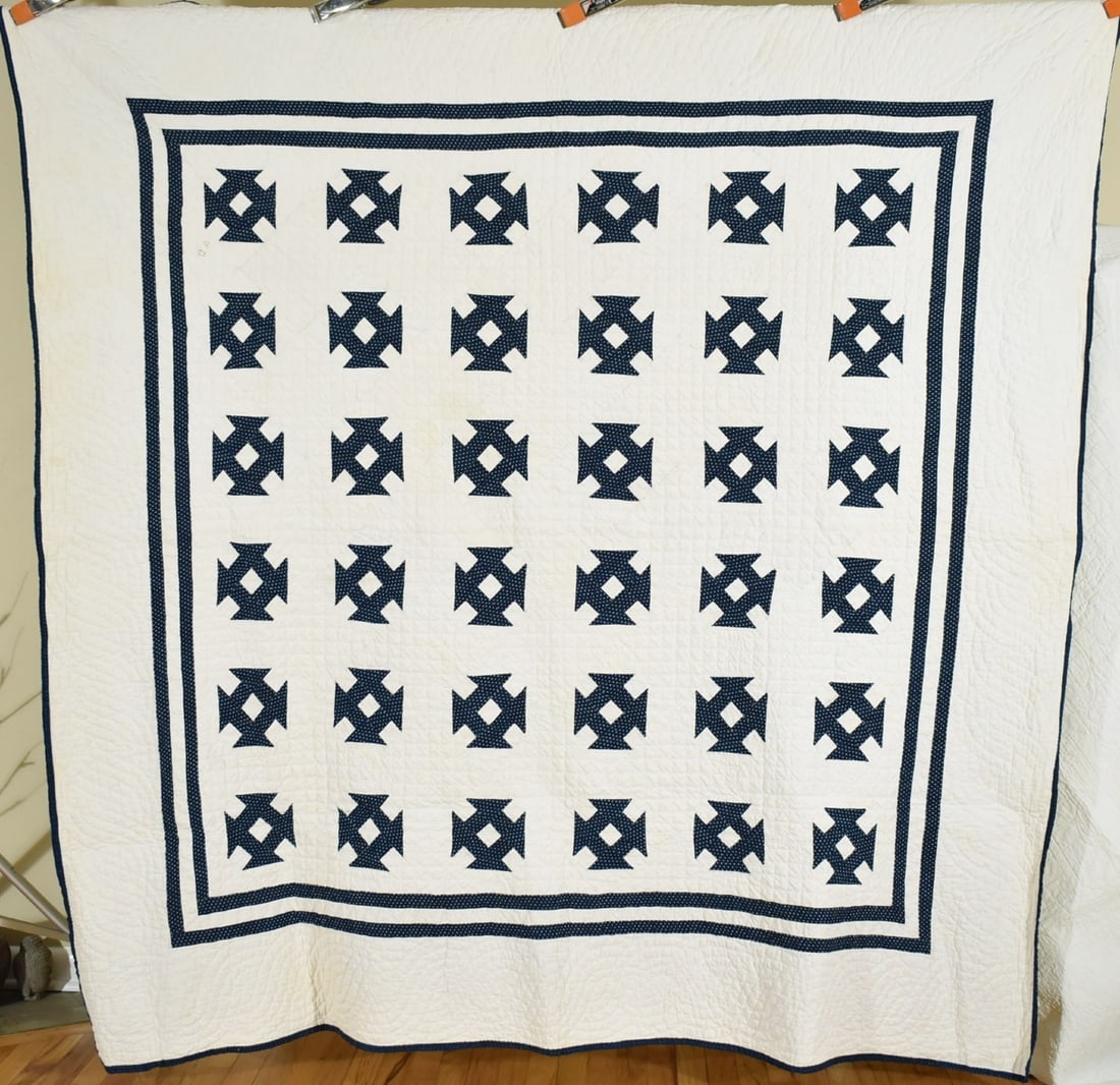 1880's Indigo Blue Churn Dash Quilt: Title: 1880's Indigo Blue Churn Dash Quilt Date: 1880's Origin: Ohio Material: Cotton Dimension [INCHES]: 82" X 82" Provenance: Cotton 1880's indigo blue and white churn dash / "monkey wrench" quilt,