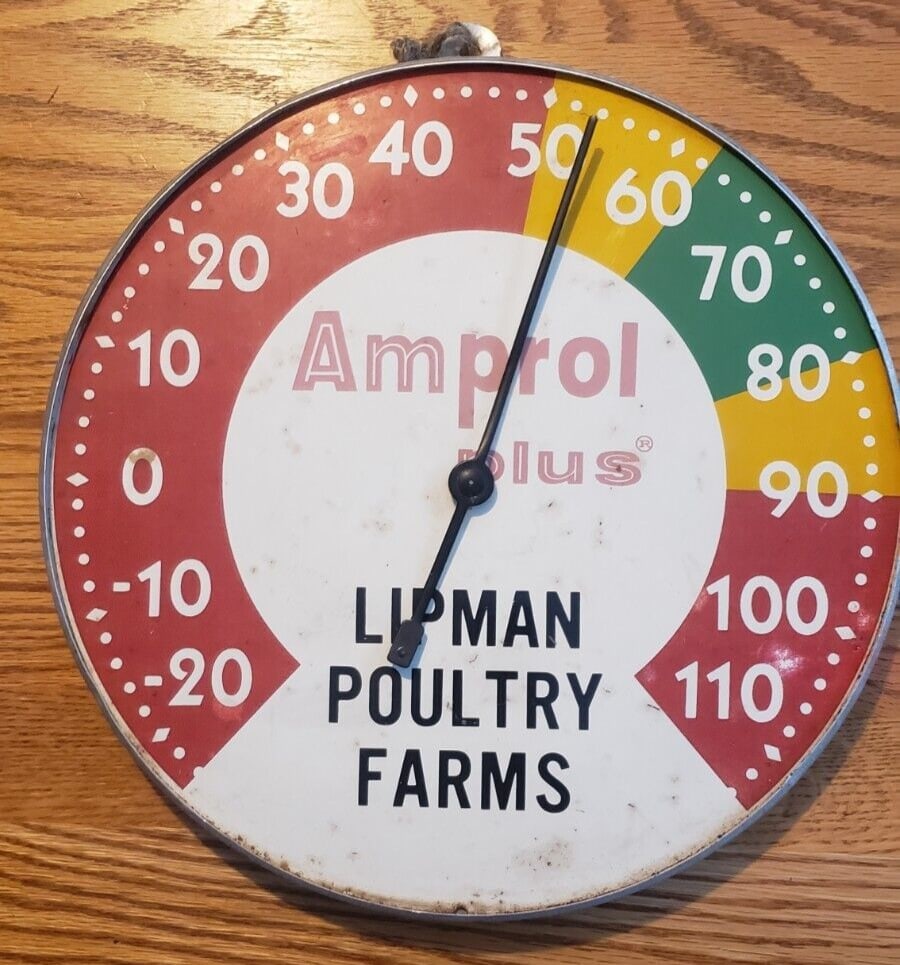 Vintage Amprol chicken thermometer Lipman poultry farms advertising colorful: Great looking piece in good condition. No glass. Dates to 1950 period. Has a heat index for chickens on back. Temps in Red for chickens will affect there well being. Measures approximately 10 " in dia
