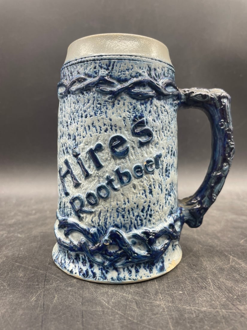 RARE ORIGINAL HIRES ROOT BEER BLUE-GRAY SALT GLAZED MUG 1890'S SODA ADVERTISING WHITES UTICA (1 of 8)