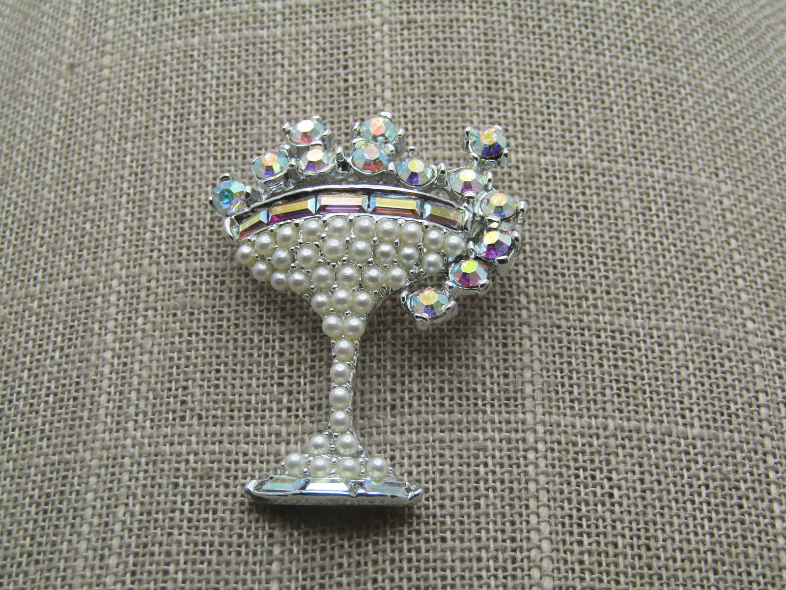 Vintage Champagne Glass Brooch, AB Rhinestones & Faux Pearls, 1960's-1980's, Signed (1 of 6)