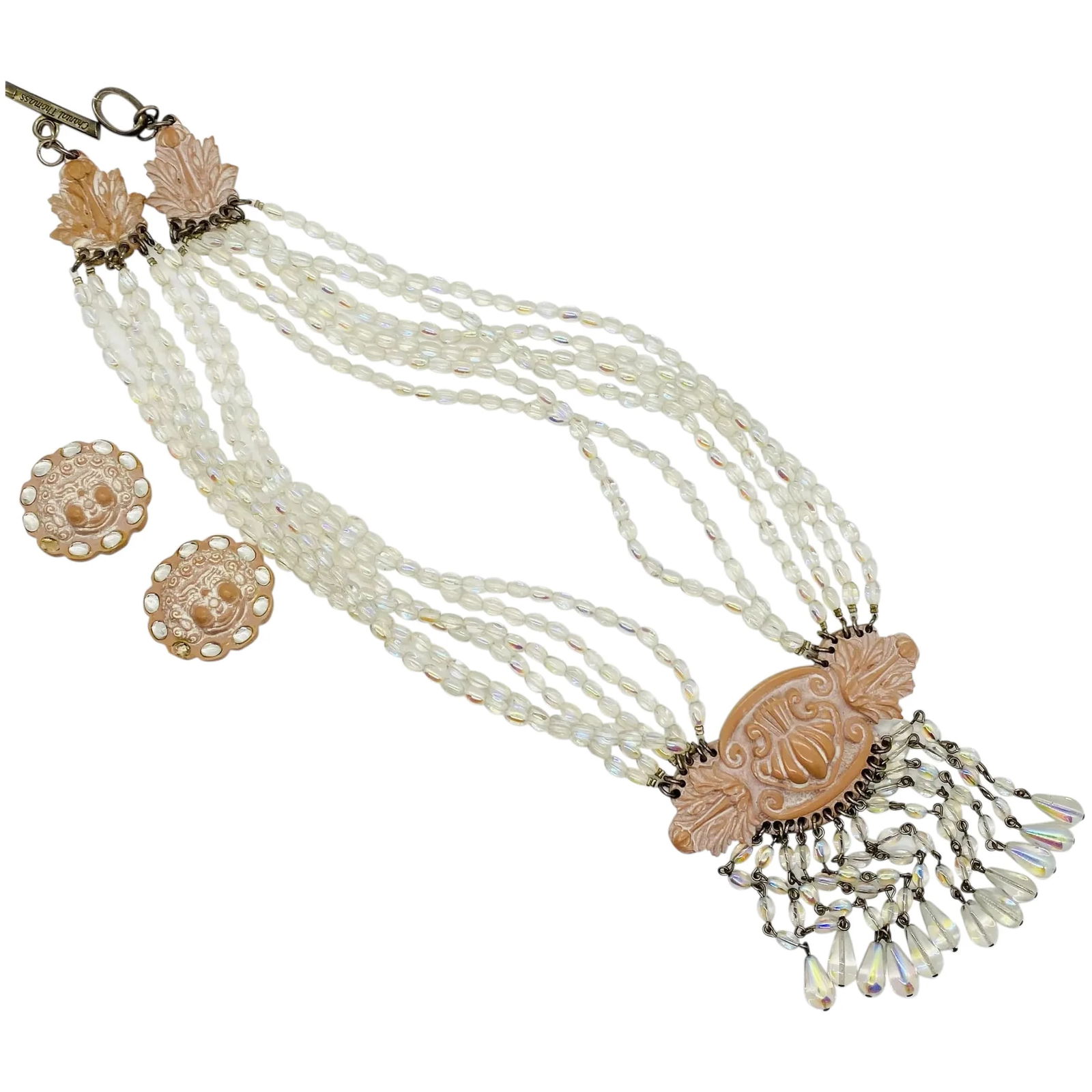 Rare Chantal Thomass Iridescent Glass Beaded Necklace and Earrings Set: Rare Chantal Thomass Glass Iridescent Necklace Set Very Rare High Quality the necklace is in great condition some minor wear consistent with age and use the earrings are in good condition they are unf