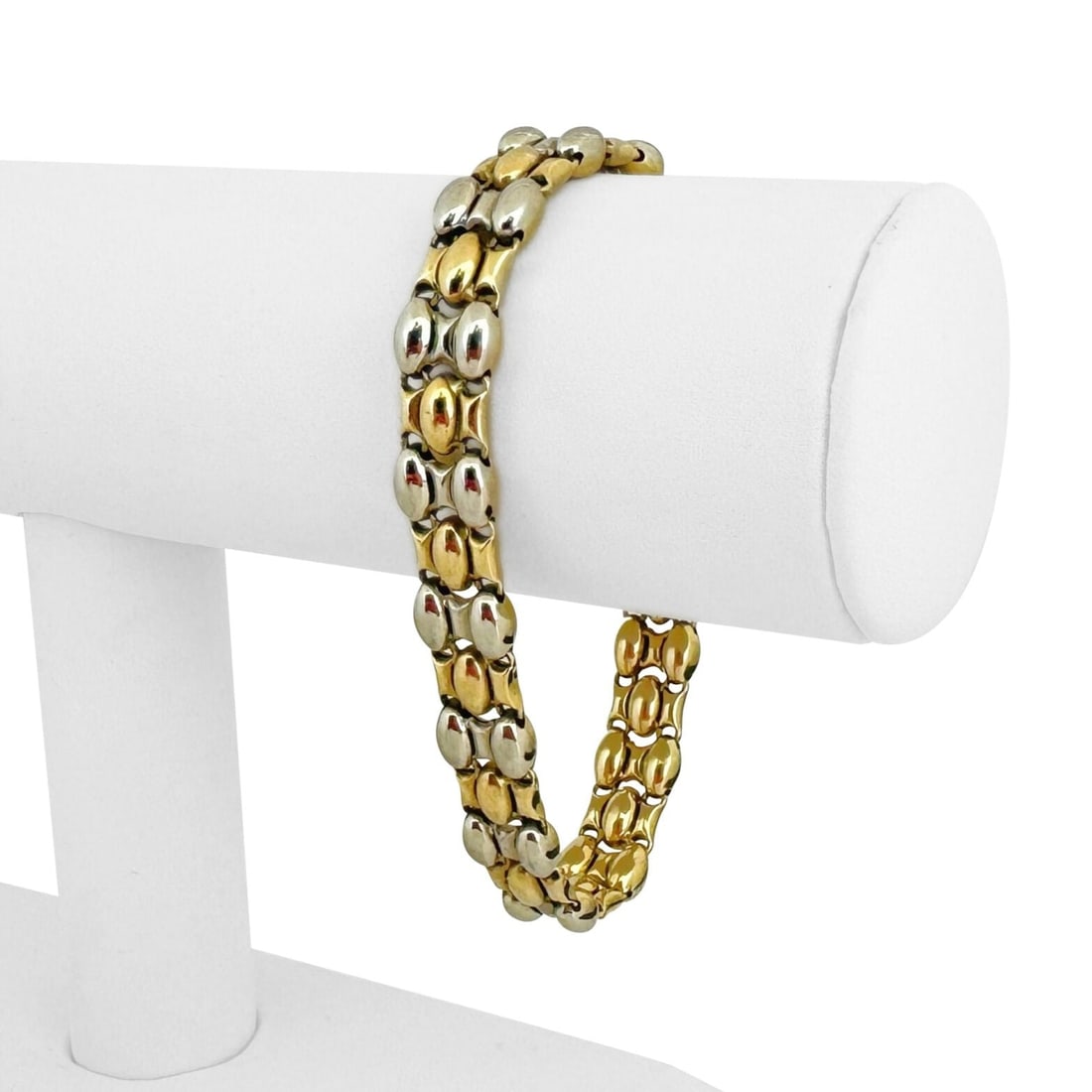 Chimento 18k Yellow and White Gold 19g Two Tone Fancy Link Bracelet Italy 7.75": Condition: Excellent Condition, Professionally Cleaned and Polished Metal: 18k Gold (Marked, and Professionally Tested) Weight: 19g Length: 7.75 Inches Width: 10mm Closure: Box Tab Insert Markings: "C