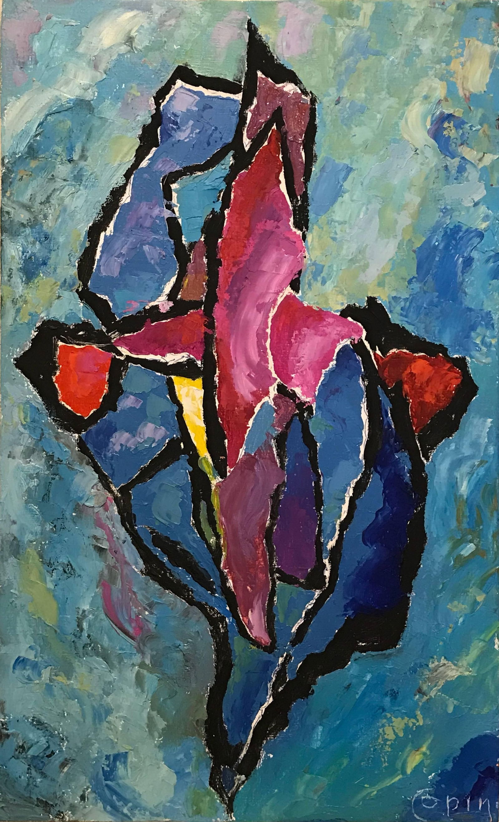 Expressionist Abstract French Signed Oil Warm Colors c. 1980's: Superb French expressionist abstract oil painting by the popular 20th century French painter, Andre Copin (1911-1998). The painting is signed to the lower corner and dates to the 1980's period. The wo