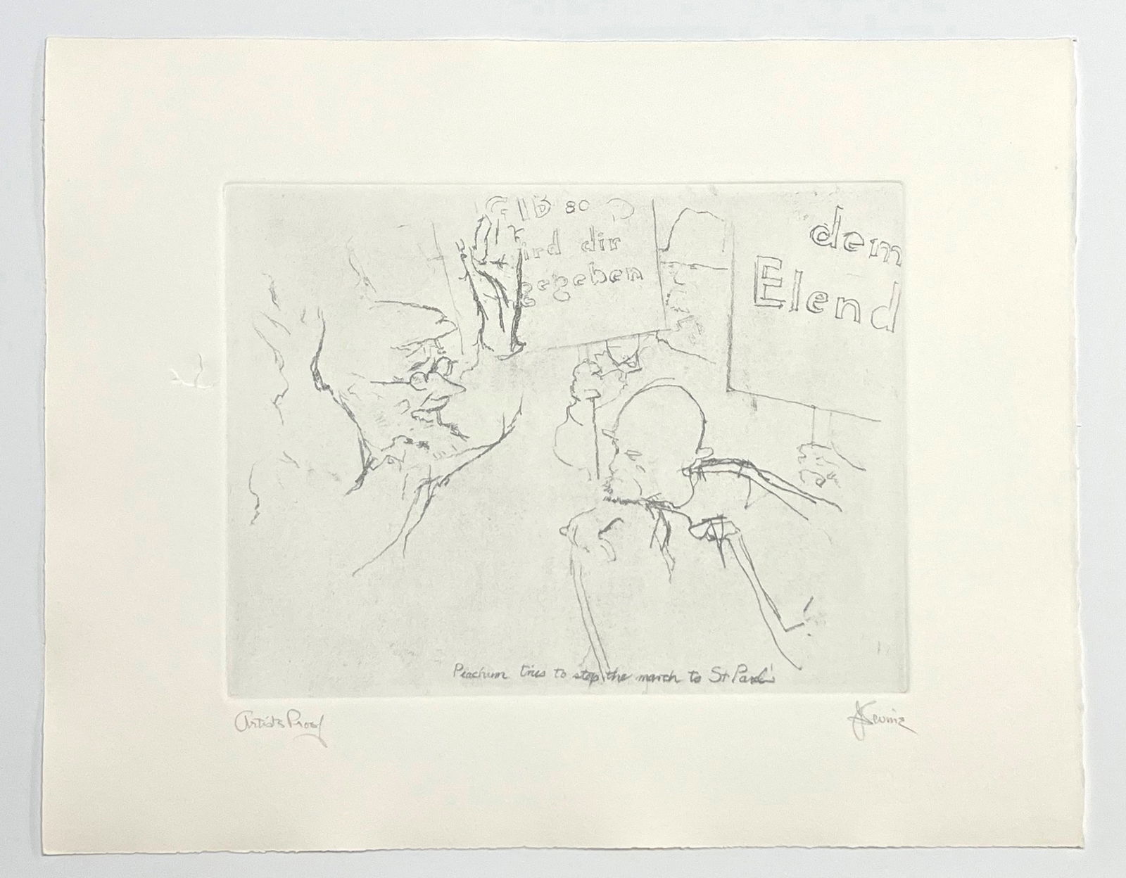 Jack Levine signed original etching "Peachum tries to stop the march to St. Paul's": Title: Jack Levine signed original etching "Peachum tries to stop the march to St. Paul's" Description: Medium: original soft ground etching. Signed in pencil and annotated "Artist's Proof". Printed i