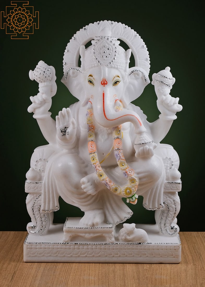 18" Lord Ganesha Statue | White Marble Ganesha Statue | Vinayak | Ganapati | Hindu Elephant God of: 18.00 inch Height X 6.00 inch Width X 12.00 inch Depth Reserve: $1,292.00 Shipping: Domestic: Shipping rates are determined by destination International: Foreign shipping rates are determined by desti