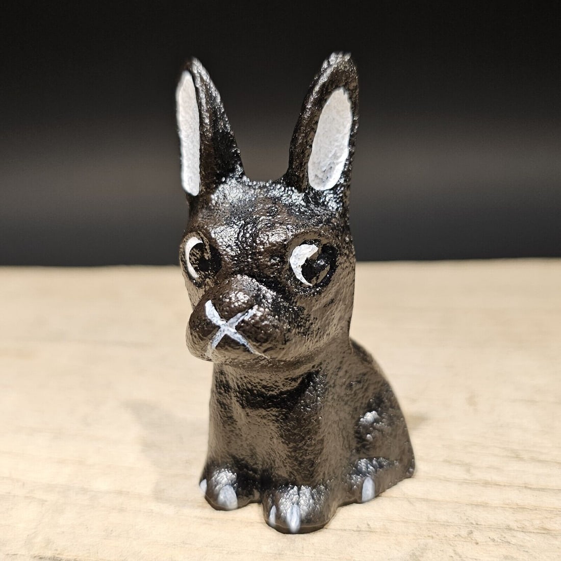 Cast Iron French Bulldog Figure: 2 3/4" Tall x 1 5/8" Wide Wonderful little reproduction cast iron black and white French bulldog. Good detail cast iron hand painted and slightly aged to look like an antique. Certainly hard to tell i