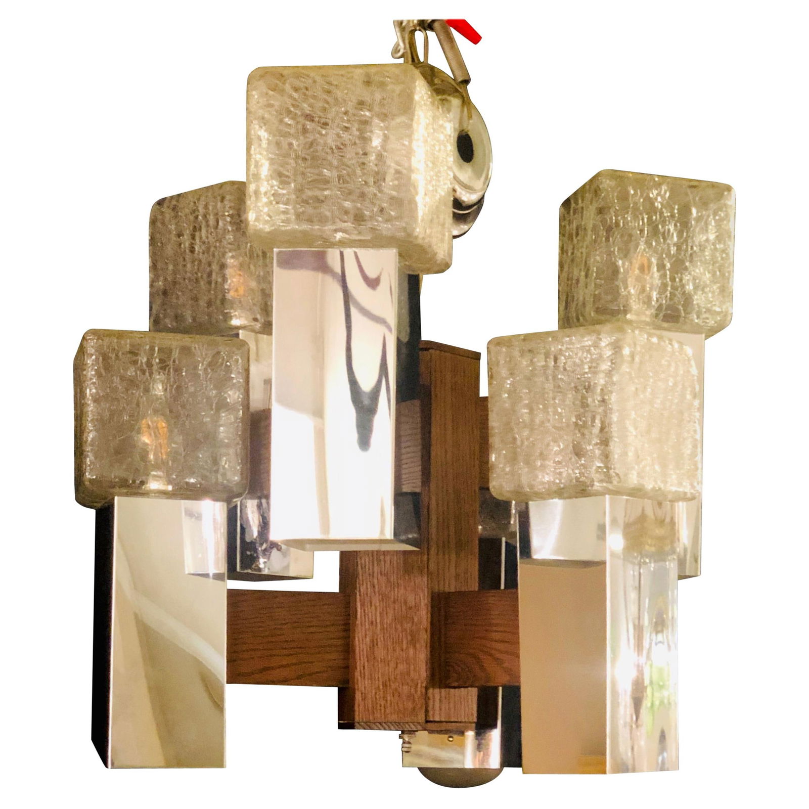 Art Deco Style Glass and Burl Wood Chandelier with 12 Lights and 2 Tier: About the Item Art Deco Style Glass and Burl Wood Chandelier with 12 Lights and 2 Tier. The boxed crackled glass cubes on chrome pedestals. Lia Dimensions: Height: 20 in (50.8 cm)Width: 18.5 in (46.99