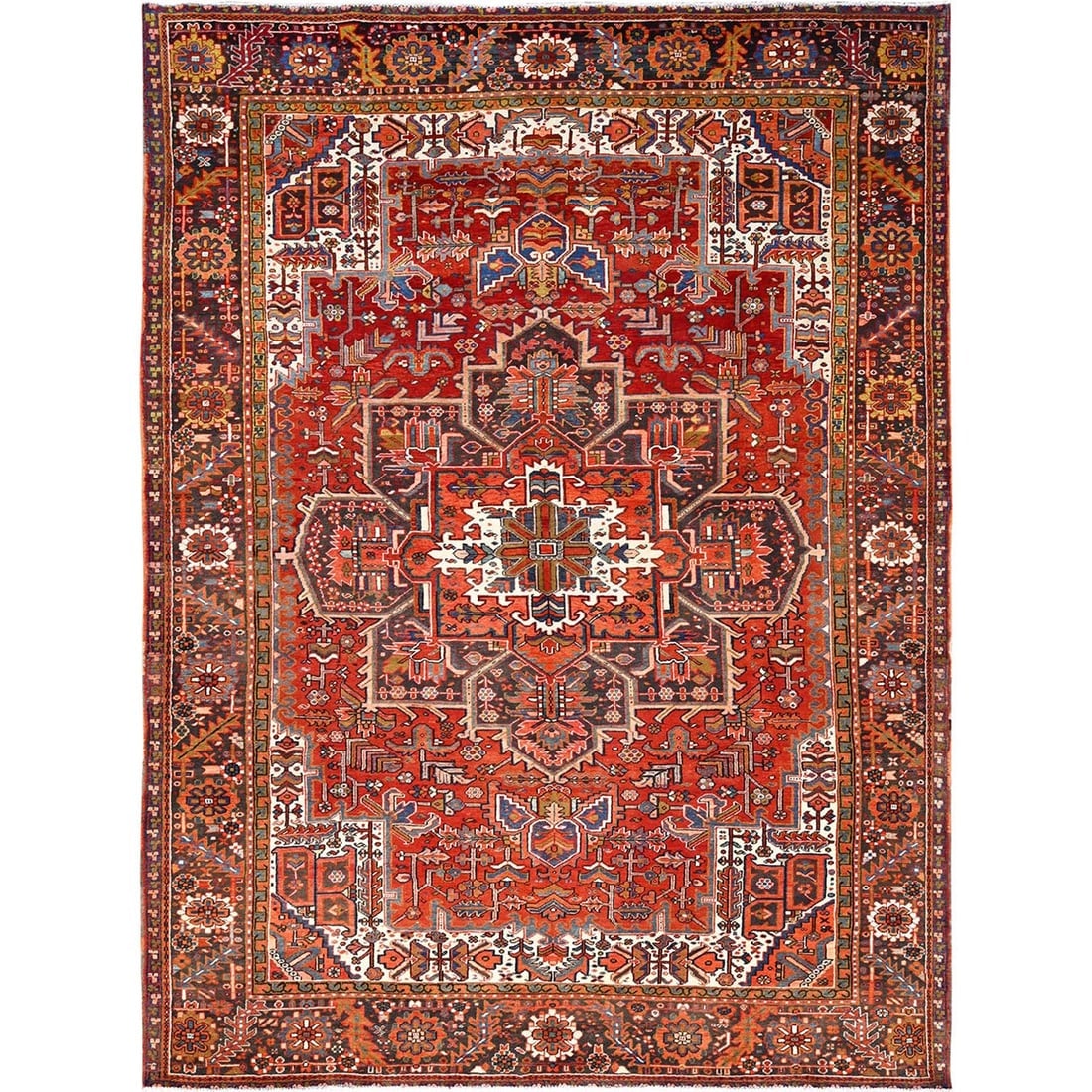 Fire Brick Red, Pure Wool, Hand Knotted Semi Antique Persian Heriz Rug (1 of 12)