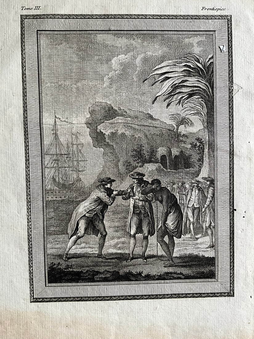 1775-1780 Anti Slavery Engraving. By Bonne & Raynal: Title: 1775-1780 Anti Slavery Engraving. By Bonne & Raynal Date/Period: 1775-1780 Materials: Copperplate engraved Size: 7 x 9 1/2”. This copperplate engraved map, measuring 7 x 9 1/2 inches, is