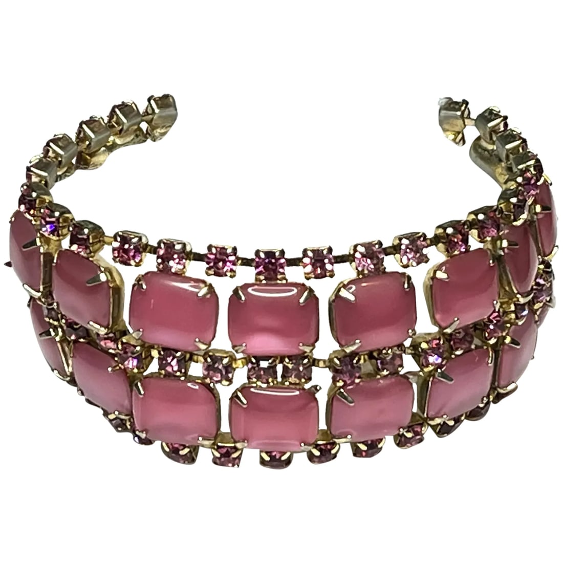 Vintage Pink Moonstone/ Rhinestone Bracelet: Title: https://www.rubylane.com/item/2610901-LOTx20NUMBER-x20289/Vintage-Pink-Moonstone-Rhinestone-Bracelet?search=1 Description: Vintage Pink Moonstone/ Rhinestone Bracelet Date/Period:Vintage Pink M