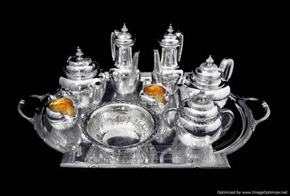 ODIOT & FABERGE - 9pc. ANTIQUE FRENCH 950 STERLING SILVER TEA COFFEE SET + 6 FABERGE ESPRESSO CUPS - (1 of 20)