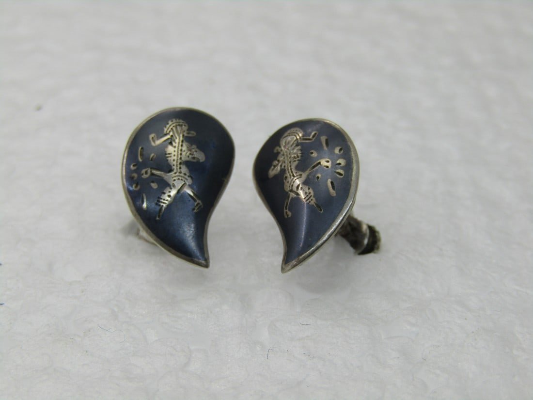 Vintage Sterling Siam Niello Earrings, Screw Back, Mid-Century (1 of 1)