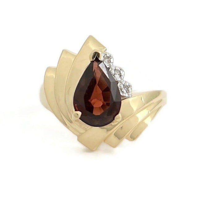 Vintage Pear Garnet Diamond Cocktail Ring 14K Yellow Gold, 3.59 Grams (1 of 1)