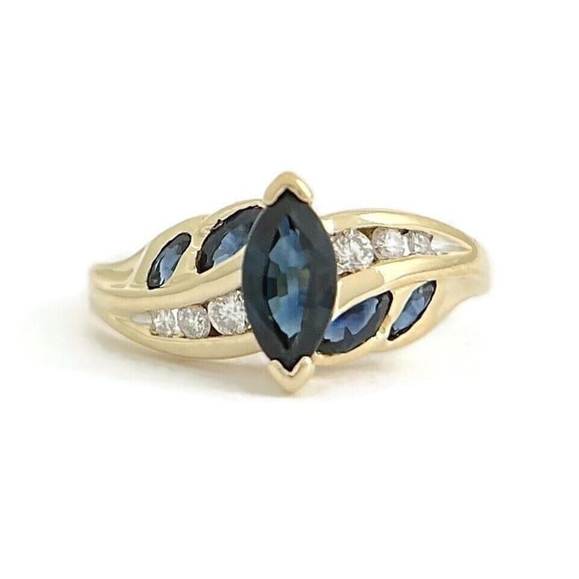 Vintage Marquise Blue Sapphire Diamond Statement Ring 10K Yellow Gold, 3.22 Gram (1 of 1)