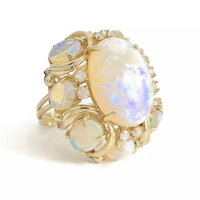 Vintage 1960's Oval Opal Diamond Cocktail Ring 12K Yellow Gold, 13.45 Grams (1 of 1)