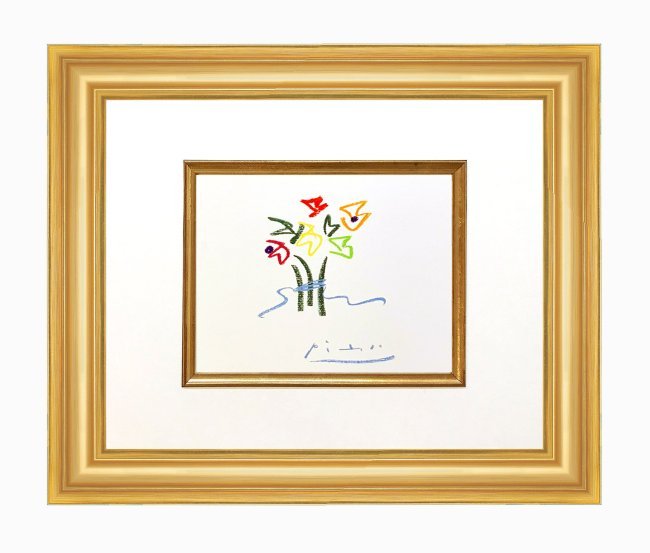 Picasso Framed Lithograph 65 Floral 1968: DescriptionTitle: FloralArtist: Pablo PicassoCountry: SpainMedium: Lithograph 65Marks: Signed in plate not numberedPrinted: 1968 on velum paperProvenance: Stories without love 1968Condition: Very good