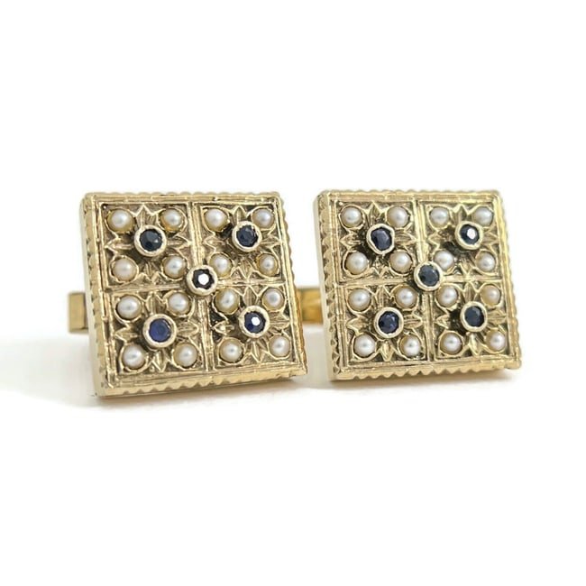 Vintage 1960's Blue Sapphire Pearl Square Cufflinks 14K Yellow Gold, 19.90 Grams (1 of 1)