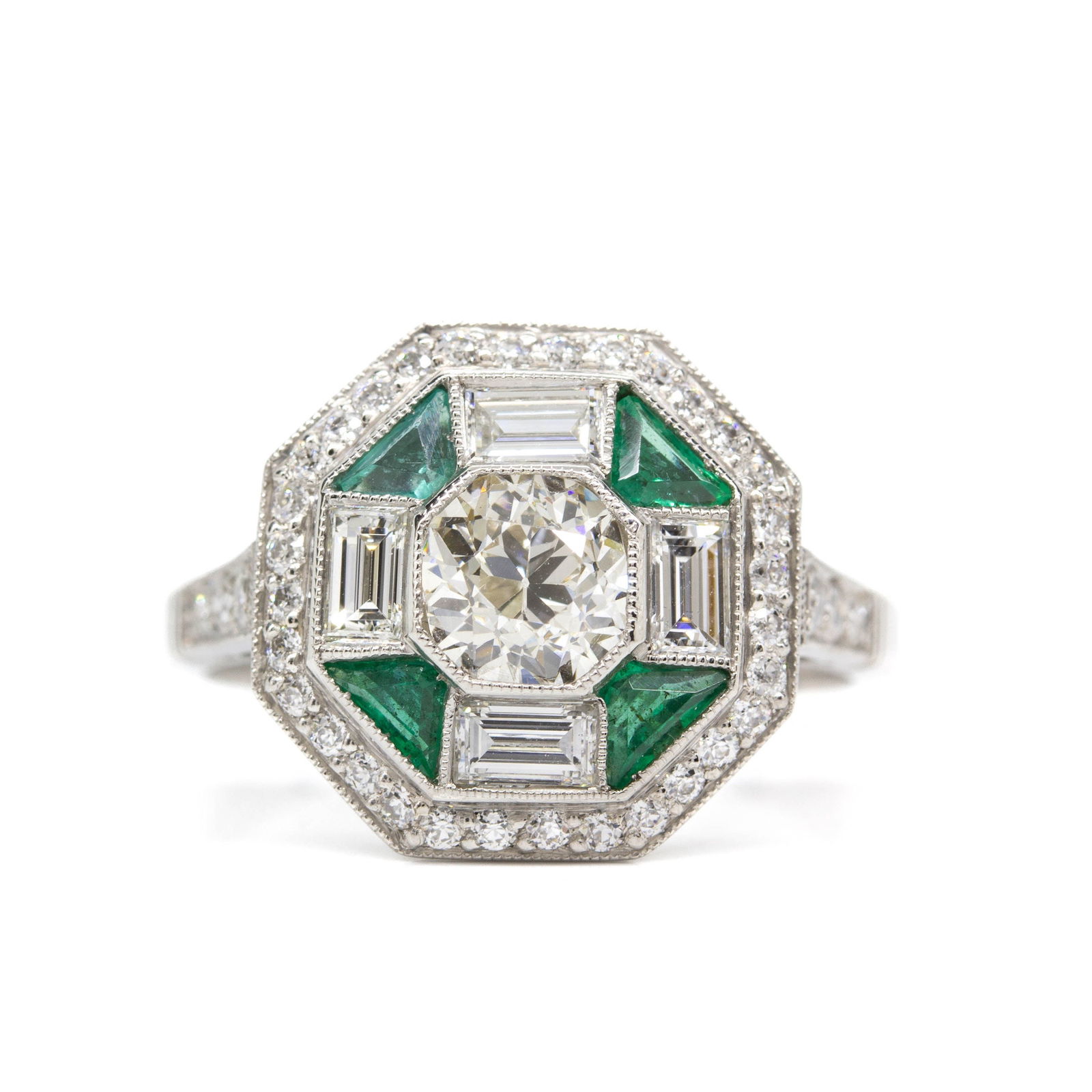 Handmade Platinum Old European Cut Diamond and Natural Emerald Engagement Ring (1 of 7)