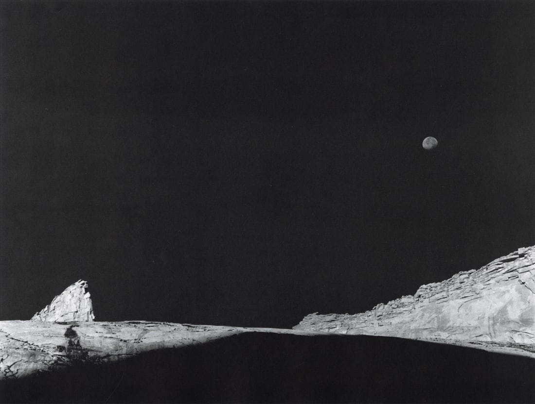 ANSEL ADAMS - High Country Crags and Moon, 1935: Artist: Ansel Adams Title: High Country Crags and Moon, Sunrise, Kings Canyon National Park, 1935 Medium: Photo Litho, 1979, USA Dimensions: 11.95x9" Description: Heat Wax Mounted on 12x16" Conservati