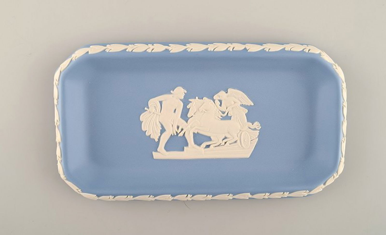Wedgwood, England. Small square dish in light blue stoneware with classicist scenes in white. (1 of 4)