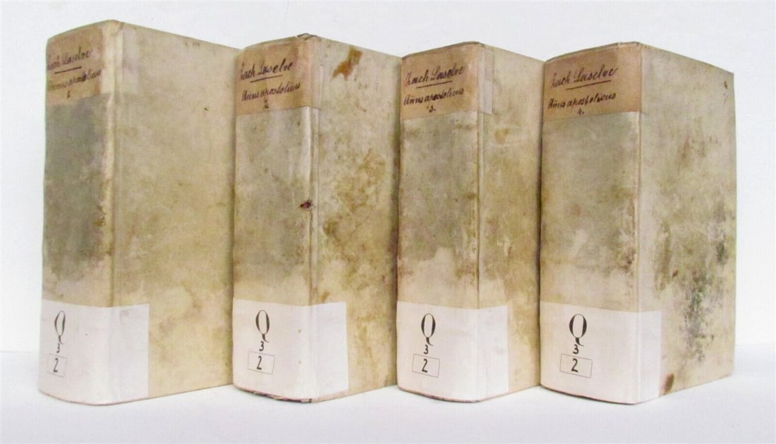 1710-1721 ANNUS APOSTOLICUS antique 4 VOLUMES vellum bound set: Annus Apostolicus Paris, Couterot and Liege, Broncart; 1710-21 4 volumes. Complete. Overlapping vellum with library labels to the spines Rare and extensive edition. Each volume in 2 parts with its own