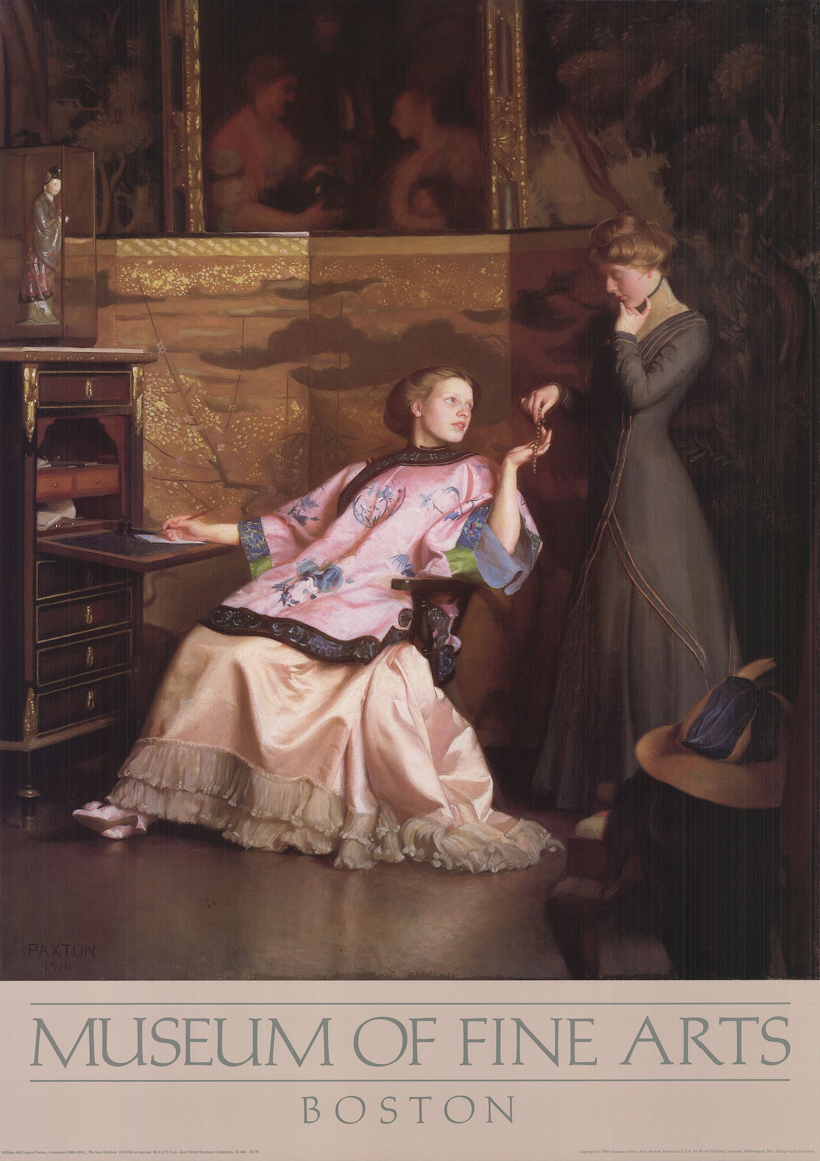 William McGregor Paxton - The New Necklace - 1988 Offset Lithograph 34.75" x 23.5": The New Necklace by William McGregor Paxton, 1988 Unsigned Offset Lithograph. Paper size is 34.75 x 23.5 inches, with an image size of 29.25 x 23.5 inches. The Offset Lithograph is from an unknown edi