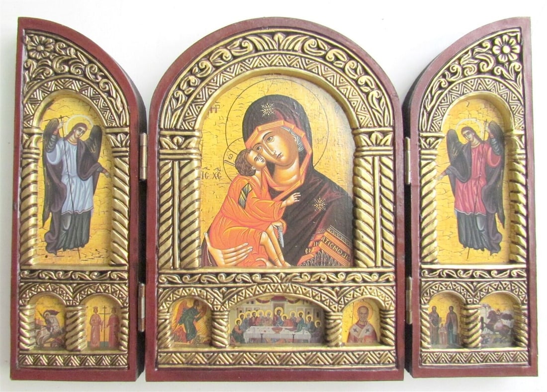 GREEK ORTHODOX ICON TRIPTYCH on WOOD with HOLY VIRGIN & GUARDIAN ANGELS (1 of 3)