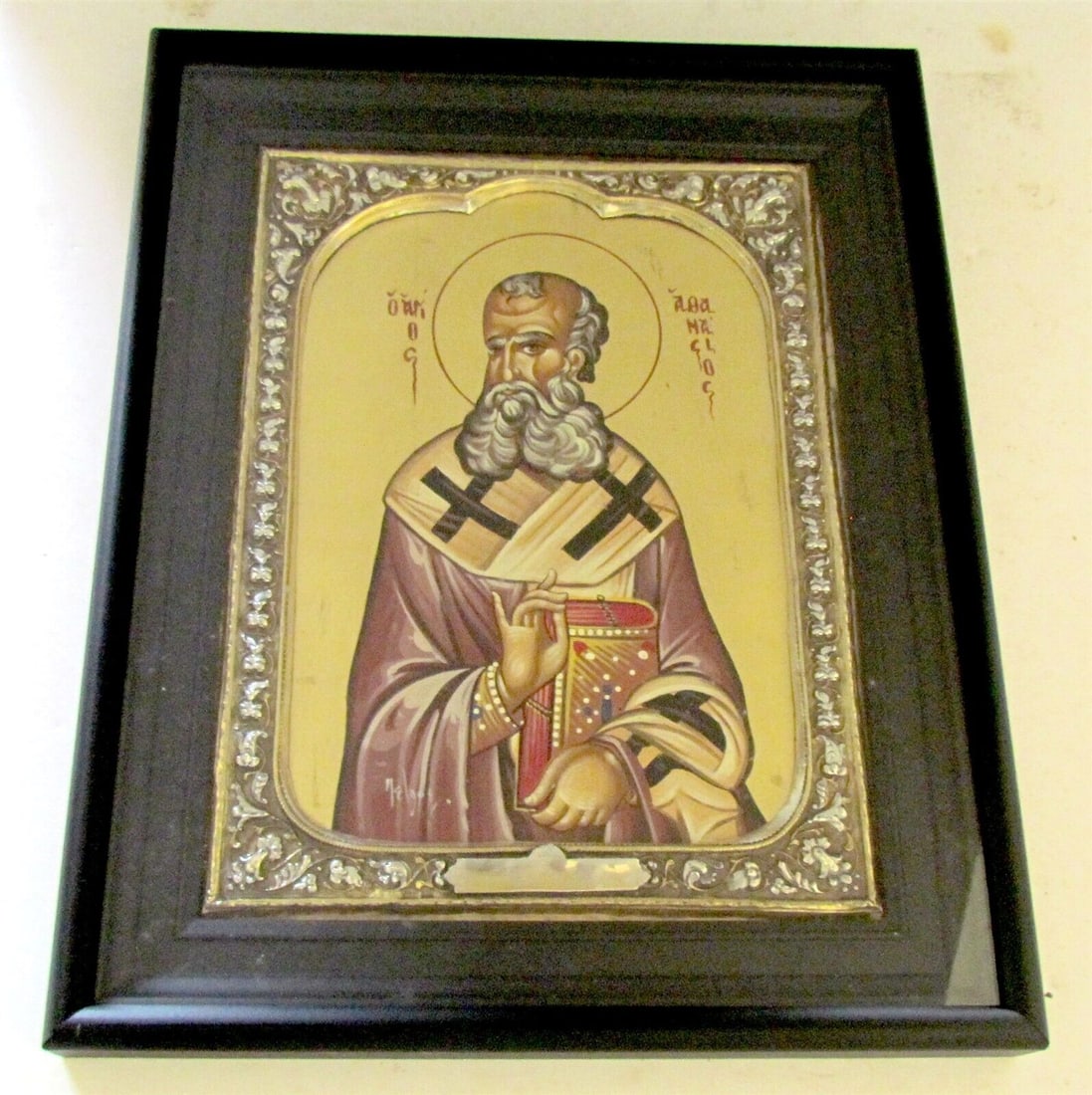 GREEK ORTHODOX SILVER BASMA ICON of SAINT St ATHANASIUS marked 950 HAND PAINTED (1 of 5)