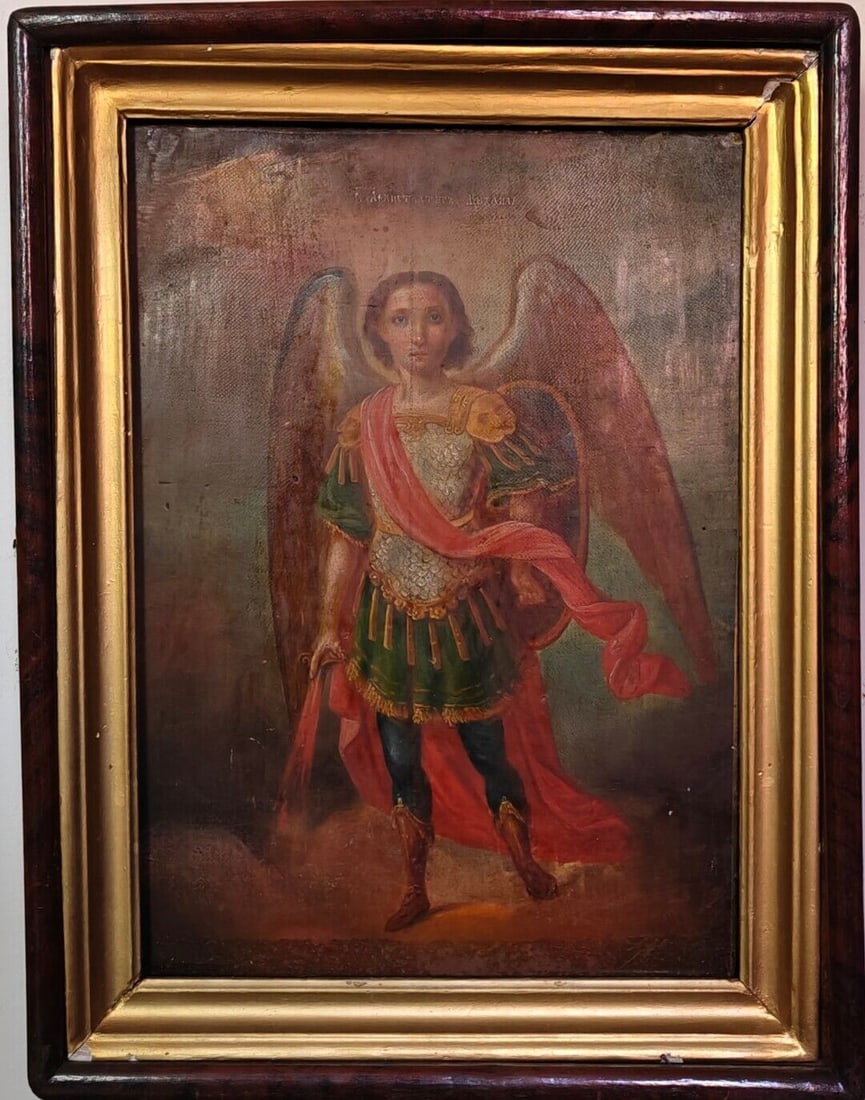 ANTIQUE 19c HAND PAINTED RUSSIAN ICON OF ST.MIHAIL(ST.MICHAEL) WITH KIOT: STUNNING RUSSIAN ANTIQUE 19c ORTHODOX ICON ST.MIHAIL(ST.MICHAEL) WITH A SAINT. SIZE ;H : 41,5 x 31,5cm 16 1/4 x 12 1/2 INCHES ICON. 15 1/2 x 20 INCHES KIOT(NO GLASS). Reserve: $2,595.00 Shipping: D