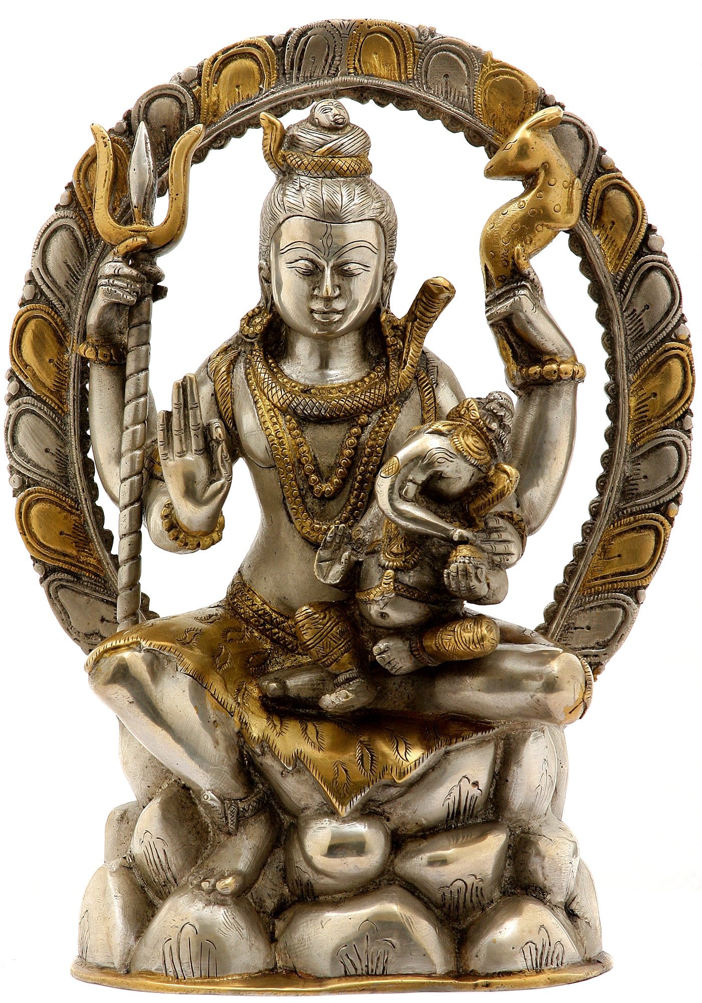 12" Lord Shiva Seated on Mount Kailash with Baby Ganesha In Brass (1 of 1)