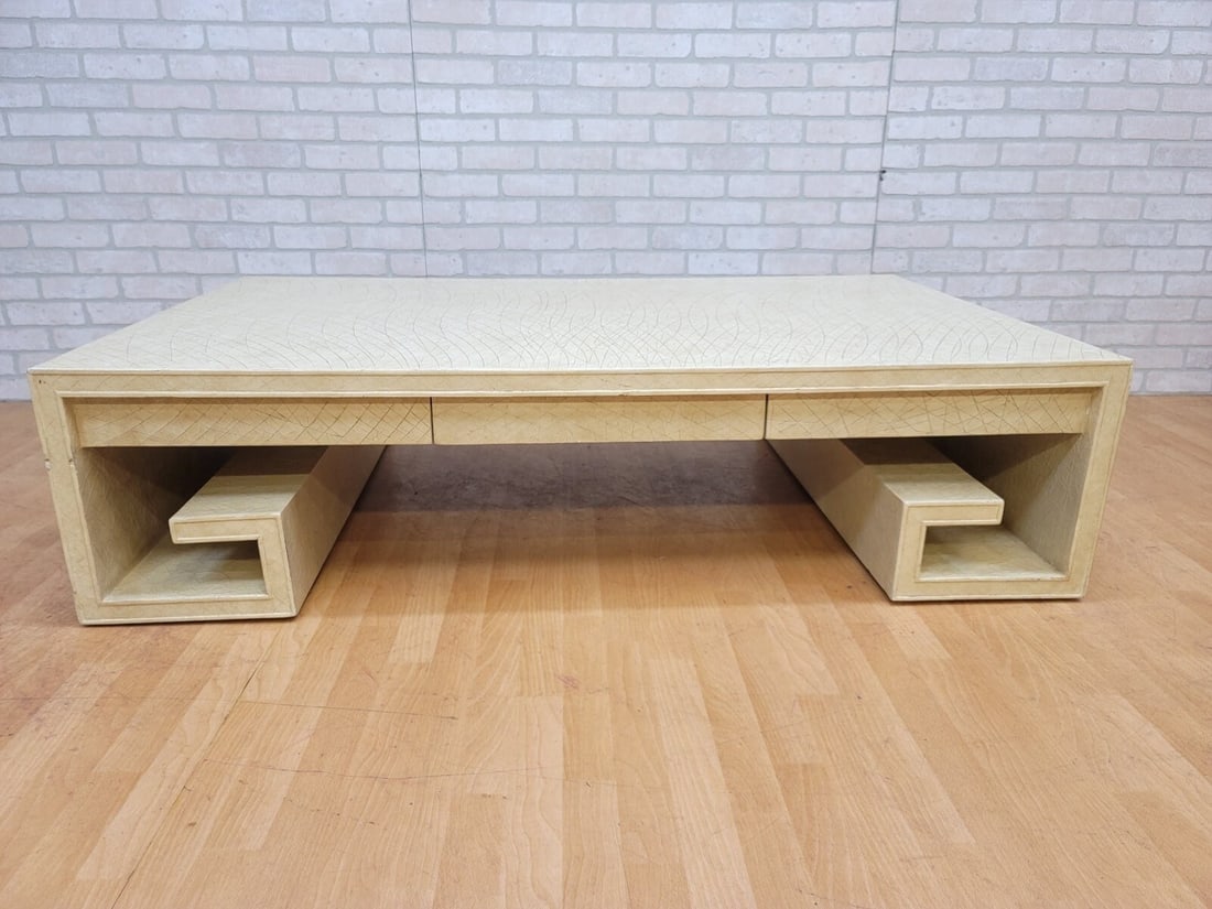 Vintage Thomas Pheasant for Baker Greek Key Crackle Lacquer Coffee Table: Vintage from the 1970s Materials: lacquer, crackled, wood Width: 60 inches Height: 15 inches Depth: 36 inches Vintage Thomas Pheasant for Baker Greek Key Crackle Lacquer Coffee Table Monumental Greek