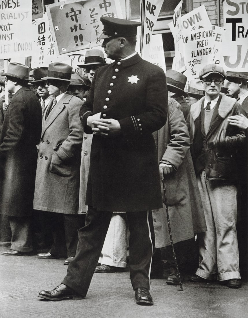 DOROTHEA LANGE - The General Strike, San Francisco: Artist: Dorothea Lange Title: The General Strike, San Francisco, 1934 Medium: Photo Litho, 1982, USA Dimensions: 7.45x9.55" Description: Heat Wax Mounted on 11x14" Conservation Board Artist Bio: Dorot