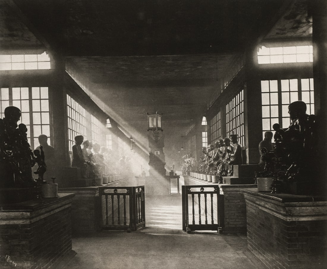 JOHN THOMSON - Temple of the Five Hundred Gods, 1869: Artist: John Thomson Title: Temple of the Five Hundred Gods, Canton, 1869 Medium: Duotone Photo Litho, 1985, Italy Dimensions: 8x6.55" Description: Heat Wax Mounted on 8.5x11" Conservation Board Artis