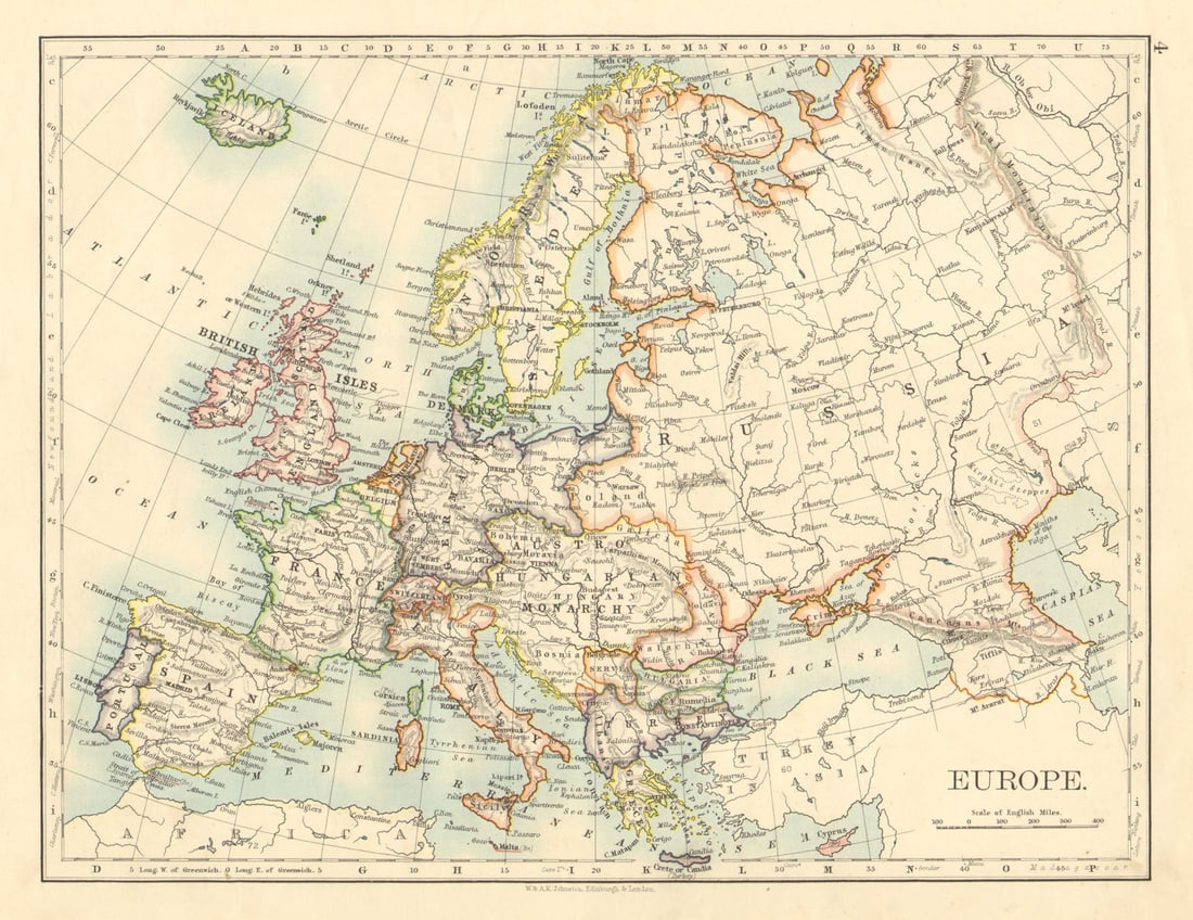 EUROPE POLITICAL. Austria-Hungary. United Sweden & Norway. JOHNSTON 1899 map (1 of 1)