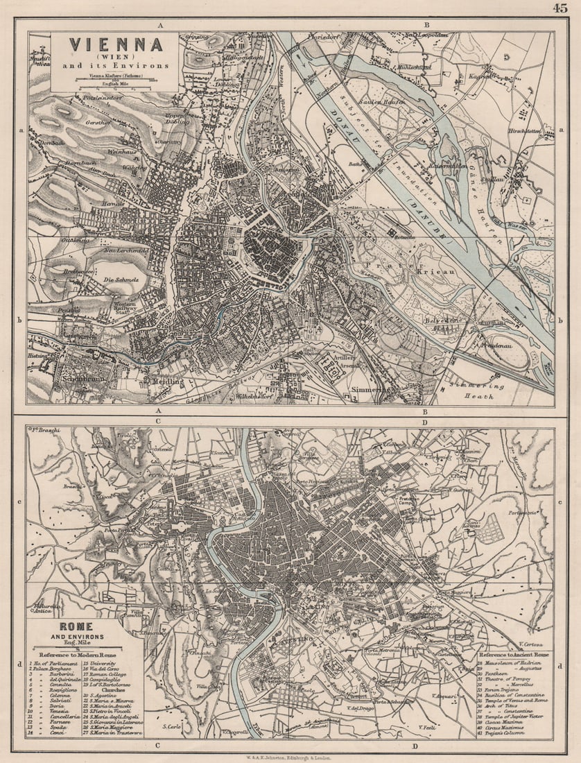 VIENNA & ROME. City plans. Wien. Roma. Austria. Italy. JOHNSTON 1900 old map: TITLE/CONTENT OF MAP: 'Vienna (Wien) and its environs; Rome and environs' DATE PRINTED: 1900 IMAGE SIZE: Approx 26.5 x 20.0cm, 10.25 x 7.75 inches (Medium) TYPE: Antique colour map CONDITION: Good; su