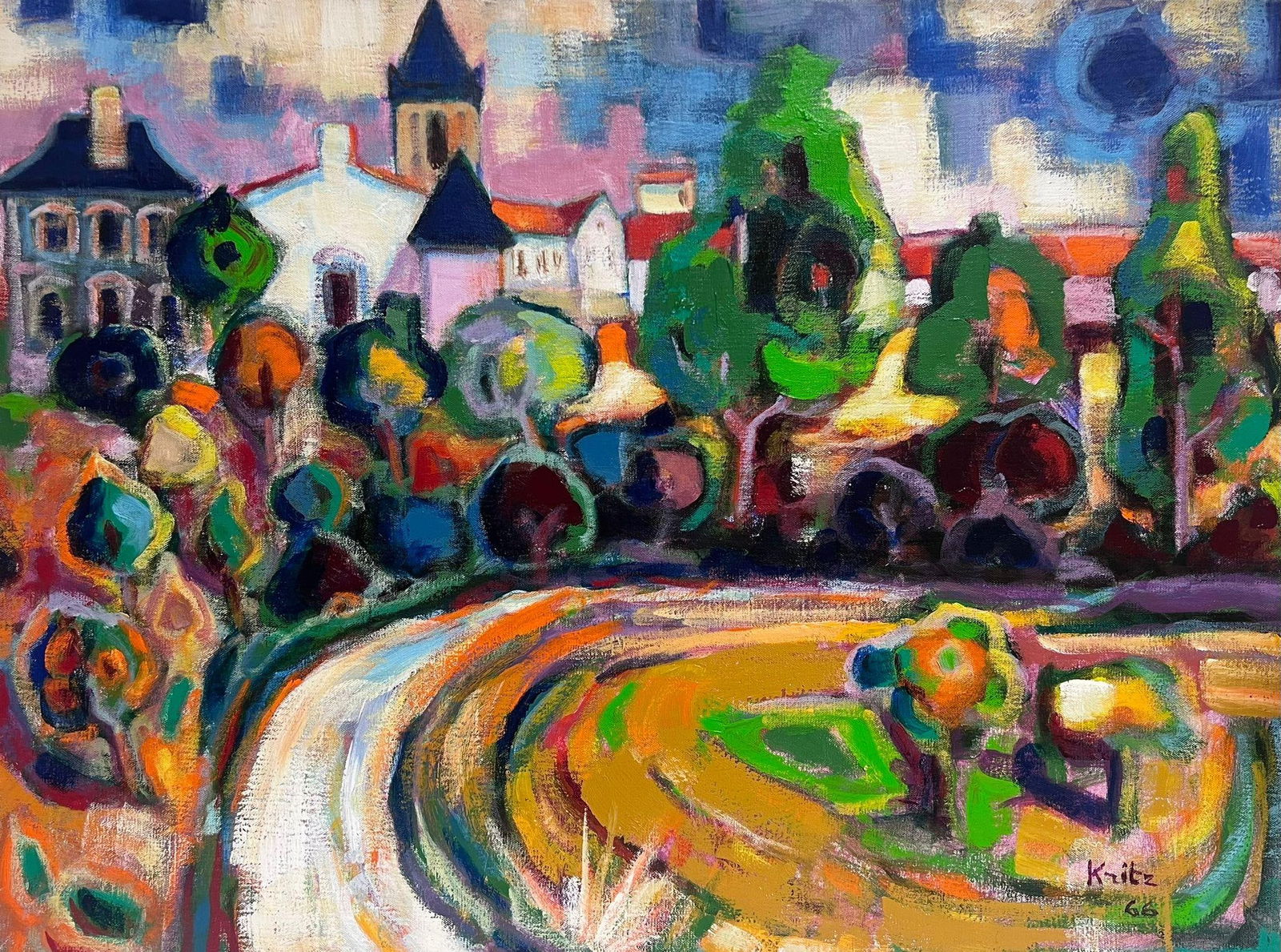 Huge 1960's French Modernist Signed Oil Painting View of Colorful Town Gardens (1 of 14)