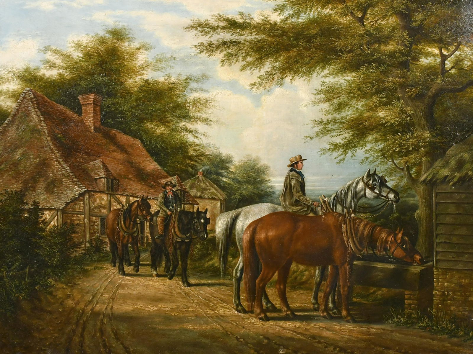Victorian British Oil Horses Drinking Water Trough in Village Rural Country Lane: Plough Horses Watering Circle of Samuel Joseph Clark (1841 - 1928) British oil painting on canvas, framed framed: 27.5 x 35 inches canvas: 21 x 28 inches provenance: private collection, England condit