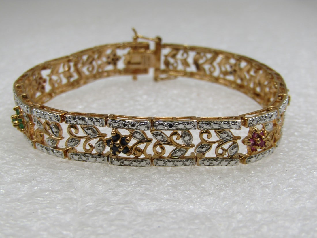Sterling Vermeil Emerald Ruby Sapphire Bracelet, 7.25, Two-Tone, Signed R (1 of 6)
