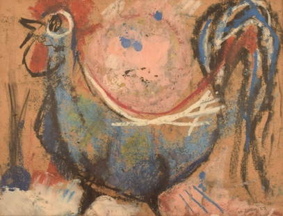 Mette Doller (b. 1925), Danish artist. Mixed media on paper. Rooster. Dated 1959.: Mette Doller (b. 1925), Danish artist. Mixed media on paper. Rooster. Dated 1959. Measures: 40 x 30 cm. The frame measures: 1.5 cm. In excellent condition. Signed and dated. Reserve: $392.00 Shipping: