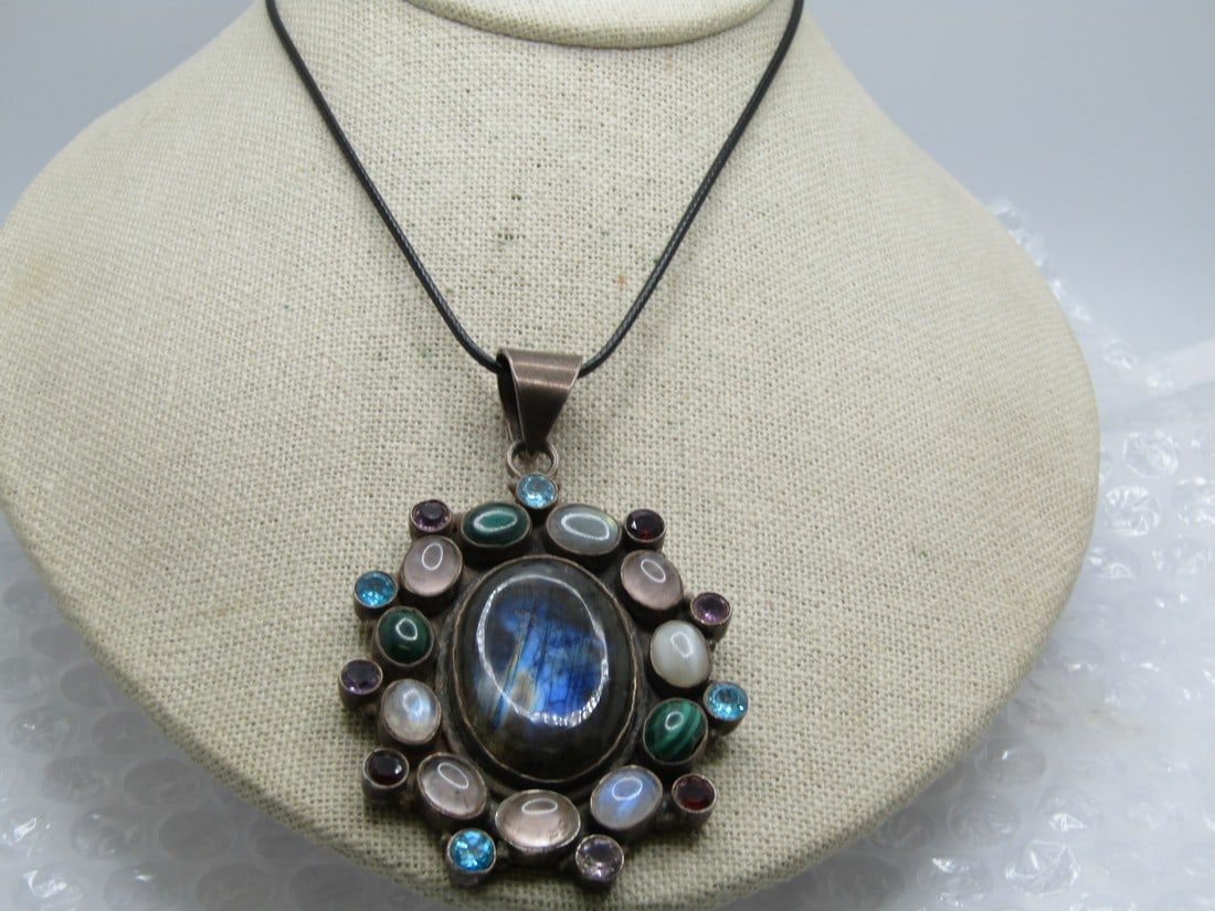 Vintage Sterling Southwestern Necklace with Labradorite, Malachite & More, 20": Vintage Sterling Southwestern Necklace with Labradorite, Malachite & More, 20" black cord. 18" with 2" extender, lobster clasp. The cord necklace is newer than the pendant. The pendant is 3" long with