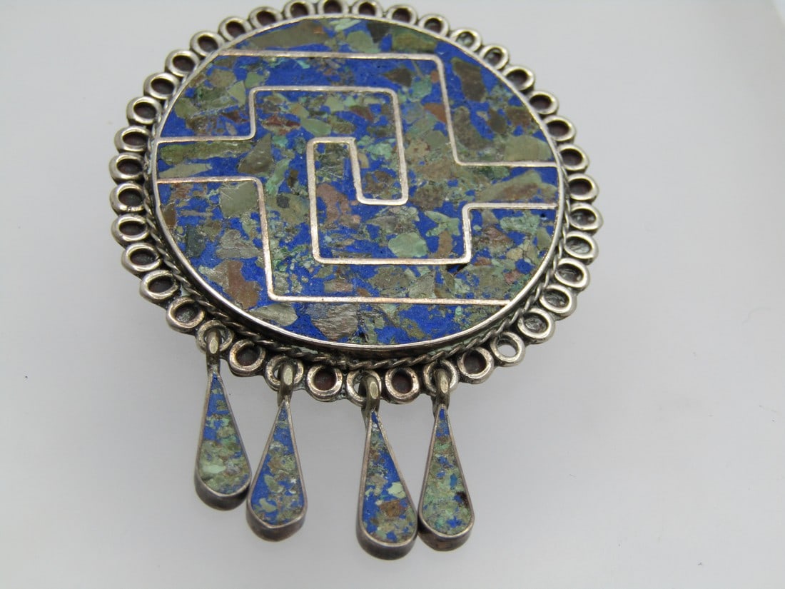 Vintage Sterling Southwestern Inlaid Brooch/Pendant, Taxco Mexico, 1960's: Vintage Sterling Southwestern Inlaid Brooch/Pendant, Taxco Mexico, 1960's is estimated era. This has inlaid lapis lazuli, with malachite and other semi-precious stones in both the main part of the bro