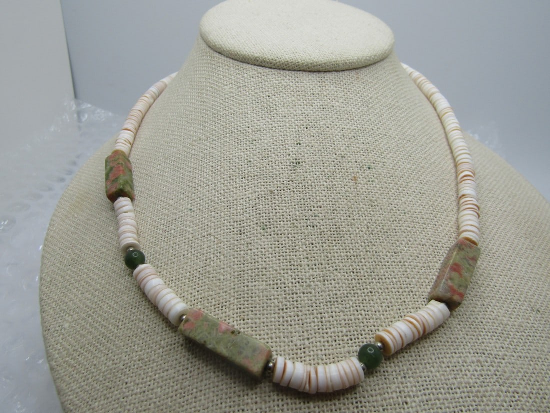 Vintage Puka Shell, Unakite, Jadeite Necklace,  18" 1960's-1970's (1 of 5)
