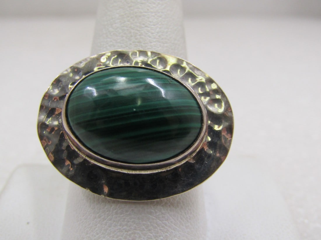 Vintage Hammered Sterling Malachite Ring, Sz. 10.25, Modernist, Signed CII (1 of 8)